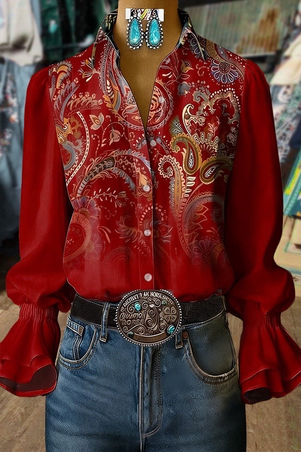 Gradient Retro Floral Print Dlouble Flared Cuffs Blouse