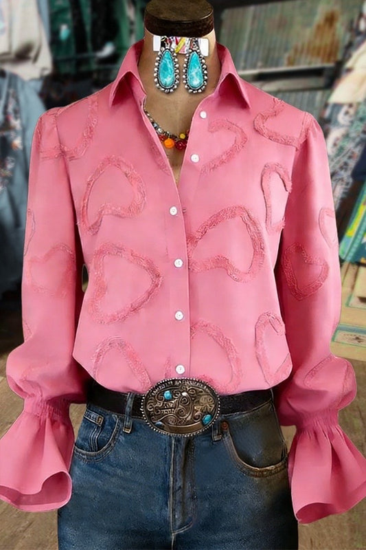 Elegant Textured Heart Flared Cuffs Button Up Blouse
