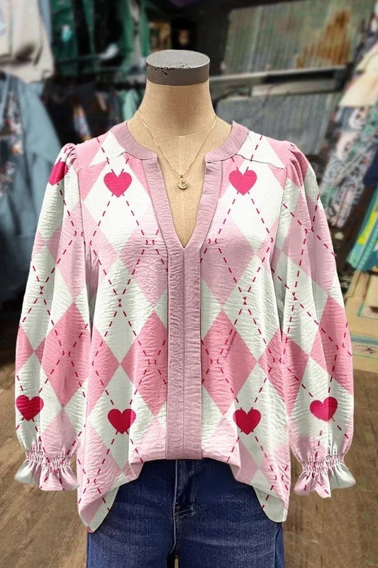 Geo Heart Print V-Neck Top