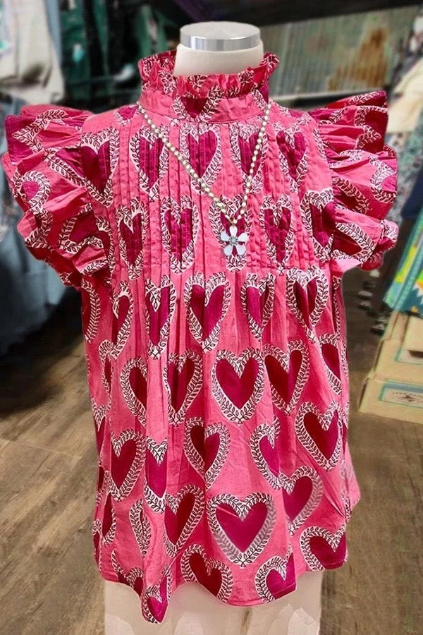 Heart Print Ruffle Sleeve Pleated Top