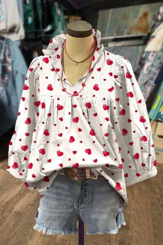 Heart Print Ruffle V-Neck Bubble Sleeve Top