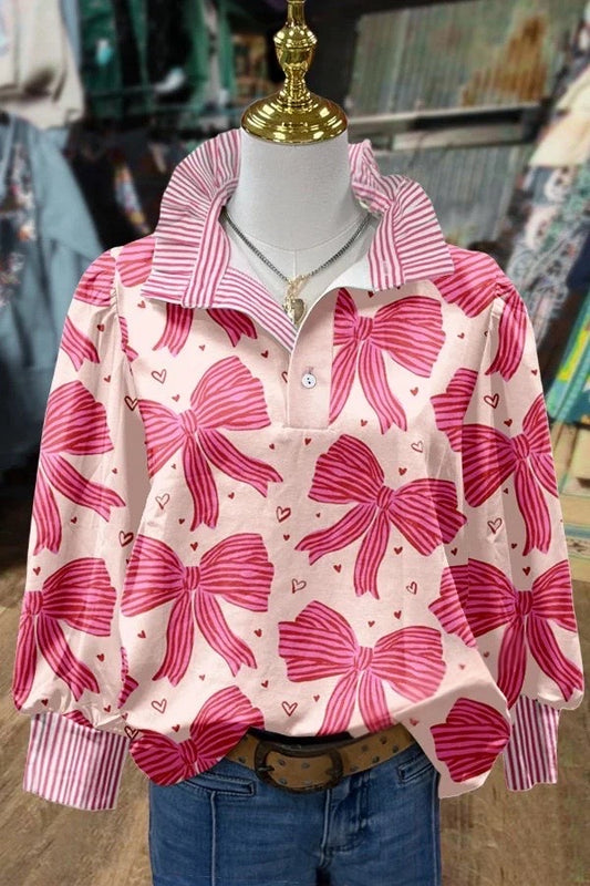 Sweet Bowknot Print Striped Valentine's Day Top