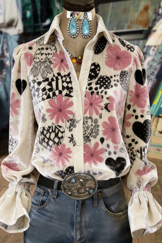 Mixed Heart Floral Print Flared Cuffs Velvet Shirt