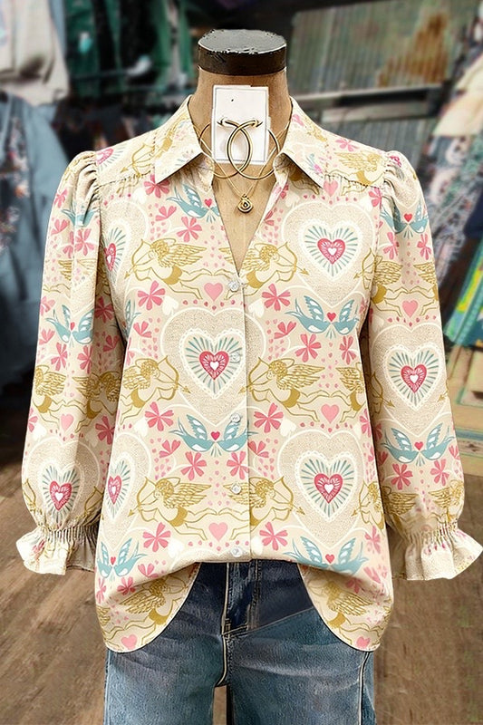 Sweet Heart Print Puff Sleeves Blouse