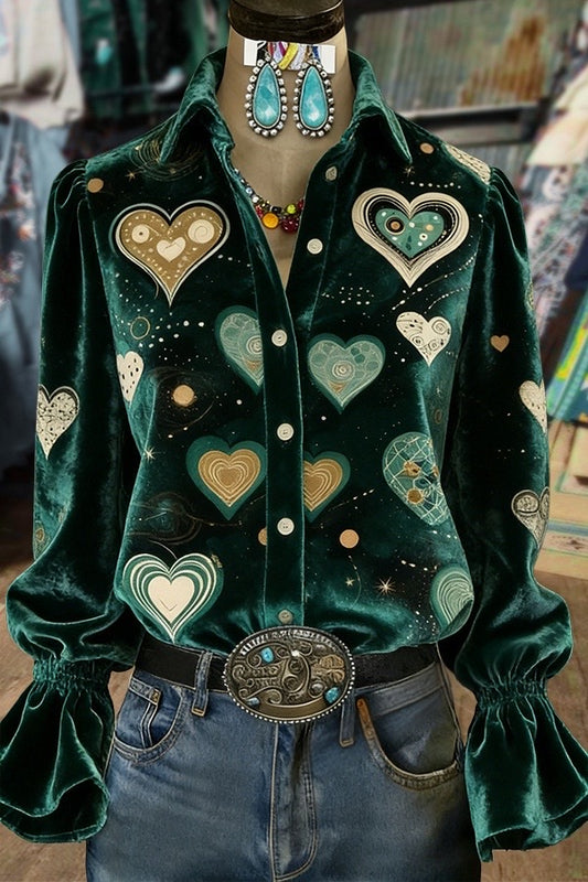 Colorful Heart Print Flared Cuffs Velvet Shirt