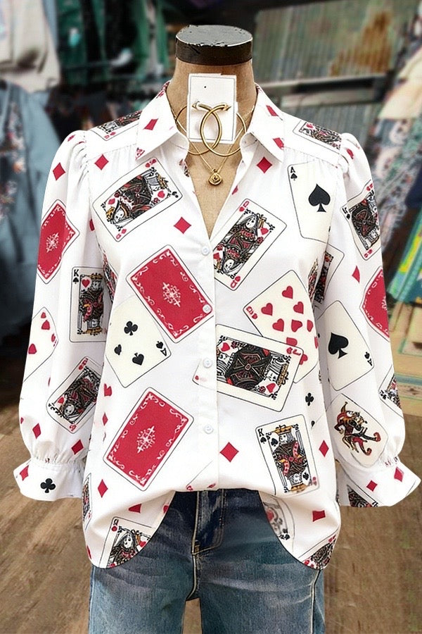 Queen Of Hearts Print Collared Puff Sleeves Blouse