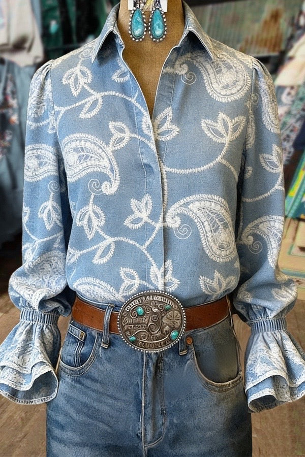 Retro Paisley Flower Embroidered Denim Top