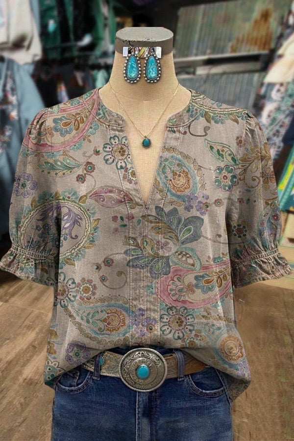Retro Paisley Print V-Neck Top