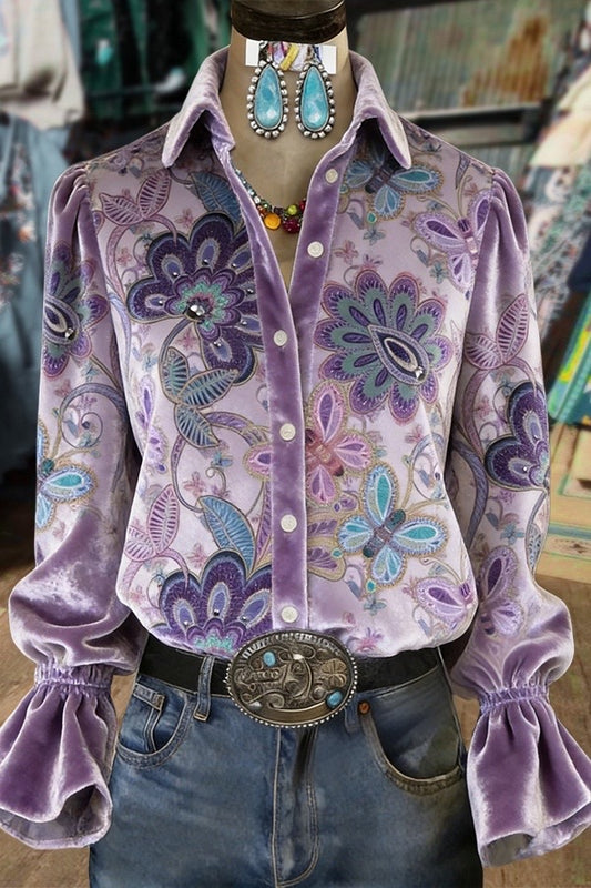 Vintage Floral Print Flared Cuffs Velvet Shirt