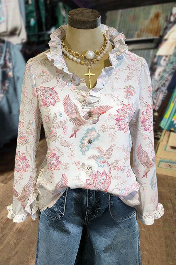 Vintage Floral Print Ruffle Neck Blouse