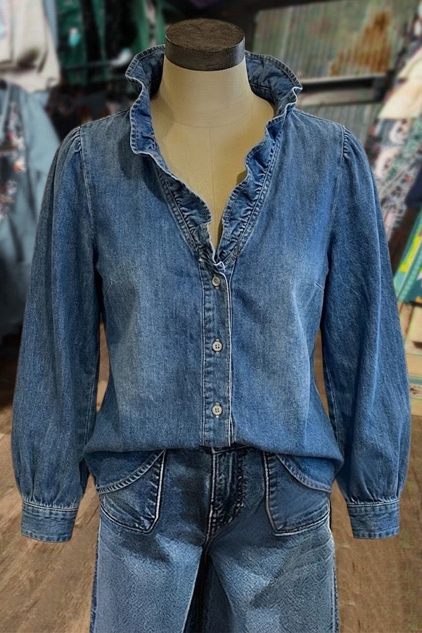 Solid Ruffle Neck Long Sleeve Denim Blouse