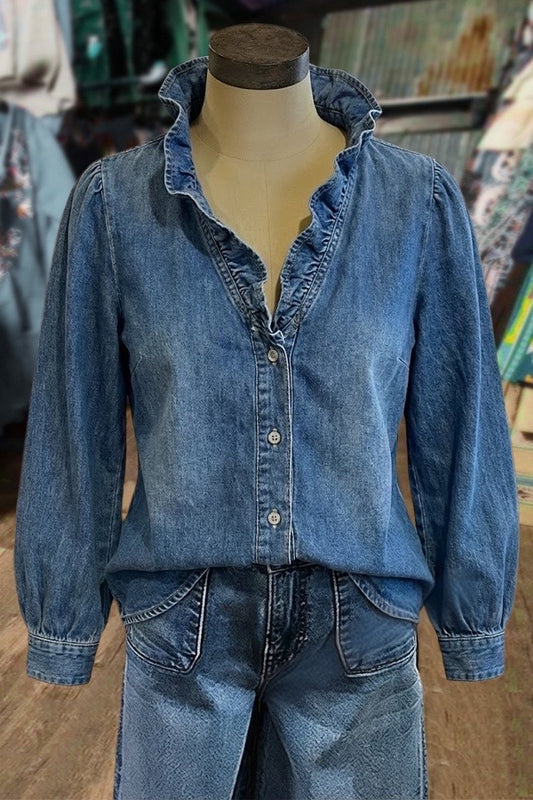 Solid Ruffle Neck Long Sleeve Denim Blouse