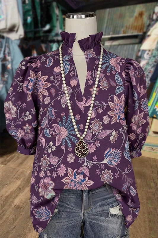 Retro Floral Print Ruffle V-Neck Puff Sleeve Blouse