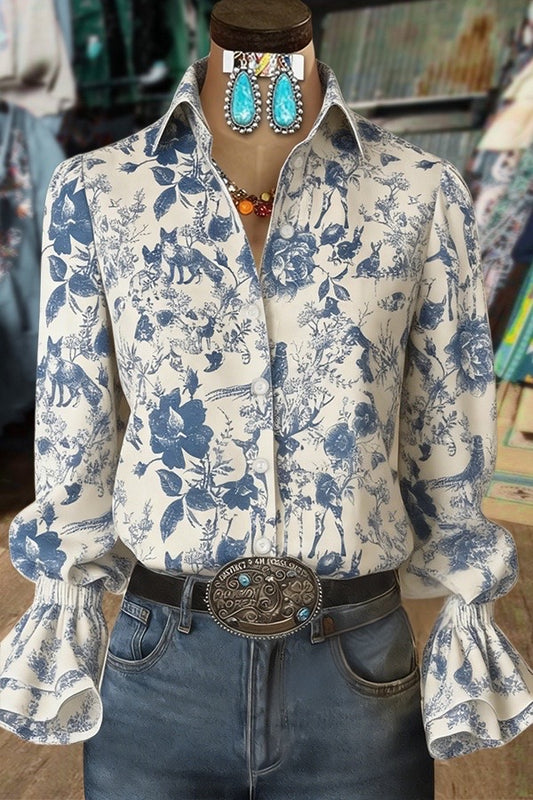 Retro Floral Print Double Flared Cuffs Blouse