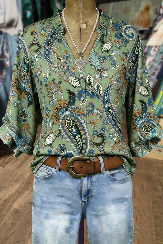 Paisley Floral Print Split Neck Three Quater Dolman Sleeves Blouse