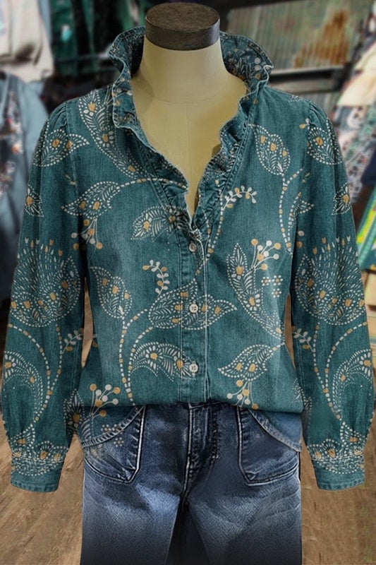 Vintage Floral Print Ruffle Neck  Blouse