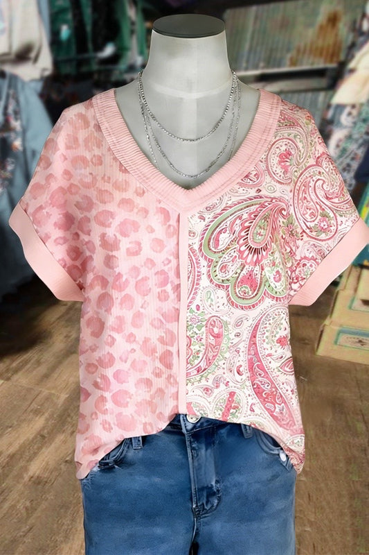 Contrast Leopard Floral Print V-Neck T-Shirt