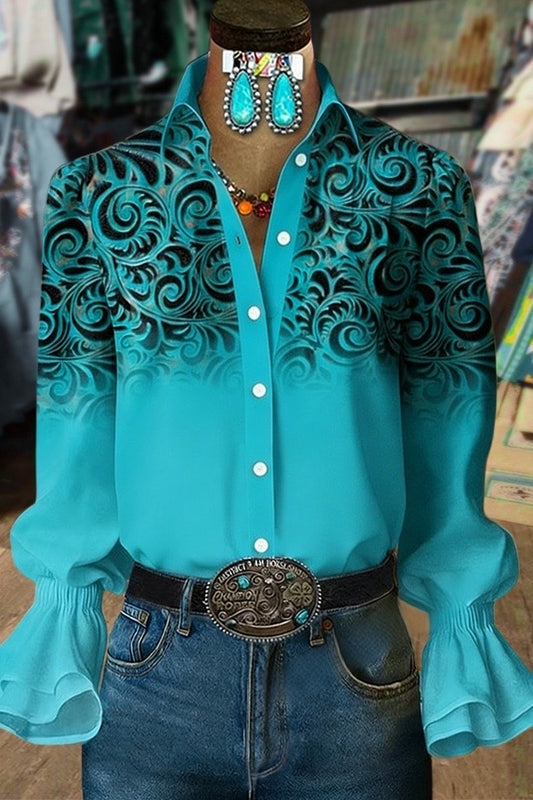 Retro Floral Print Flared Cuffs Blouse