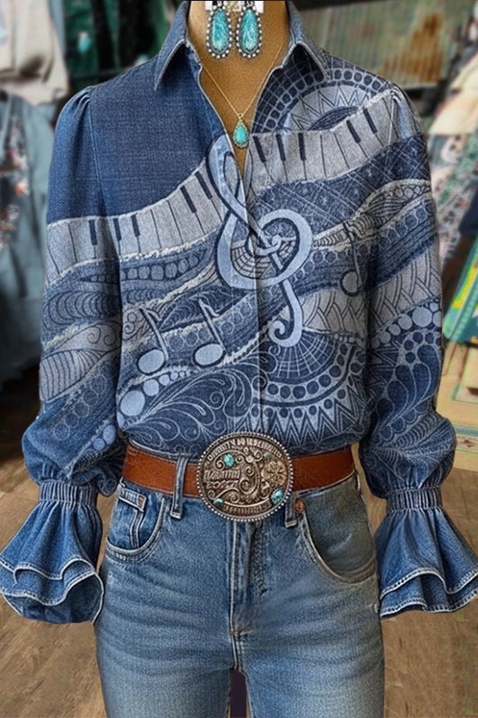 Art Print Collared Double Flared Cuffs Top