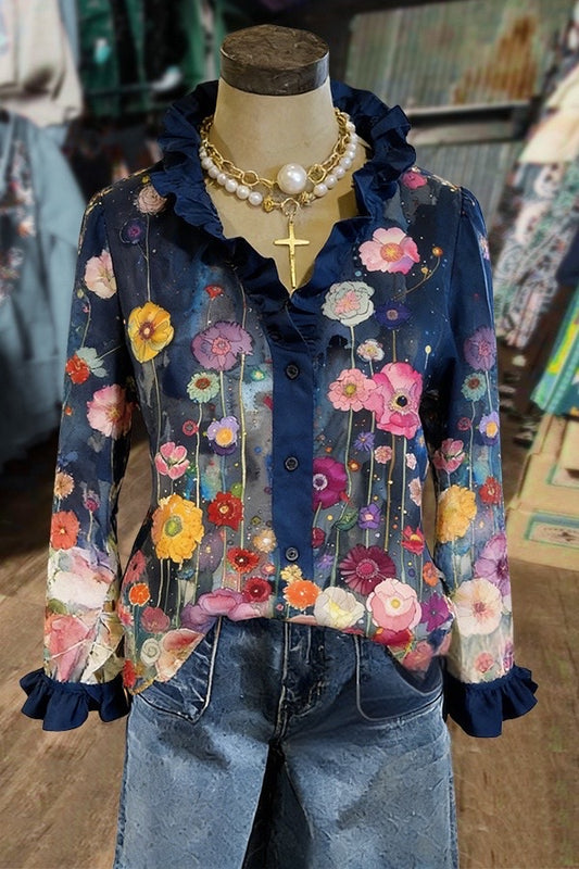 Colorful Floral Print Ruffle Neck Blouse