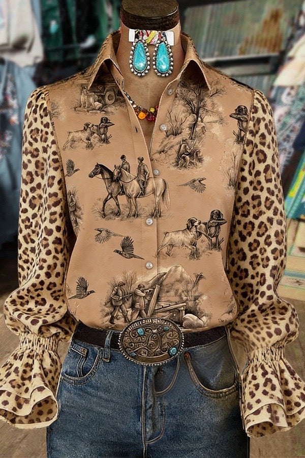 Rodeo Cowboy Print Leopard Double Flared Cuffs Blouse