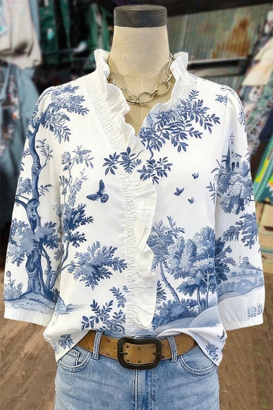 Elegant Toile Print Ruffle Neck Blouse