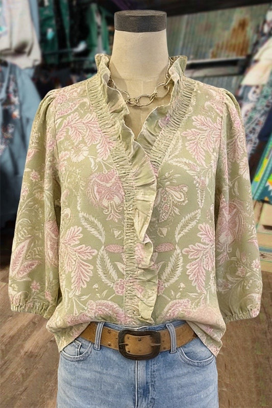 Retro Floral Print Ruffle Neck Blouse
