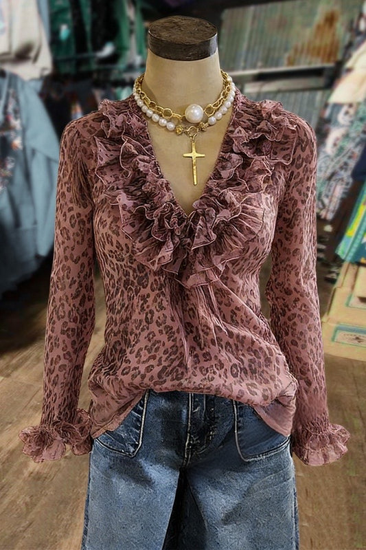Leopard Print Ruffle Neck Long Sleeve Blouse