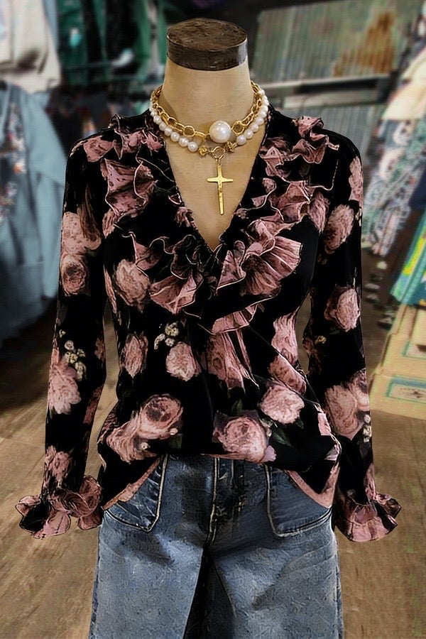 Elegant Floral Ruffle Neck Long Sleeve Blouse