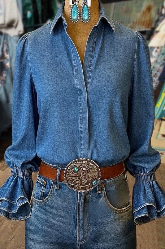 Solid Flared Cuffs Denim Blouse