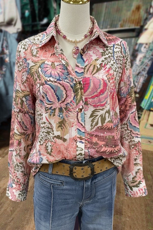 Multi Floral Print Collared Long Sleeve Blouse