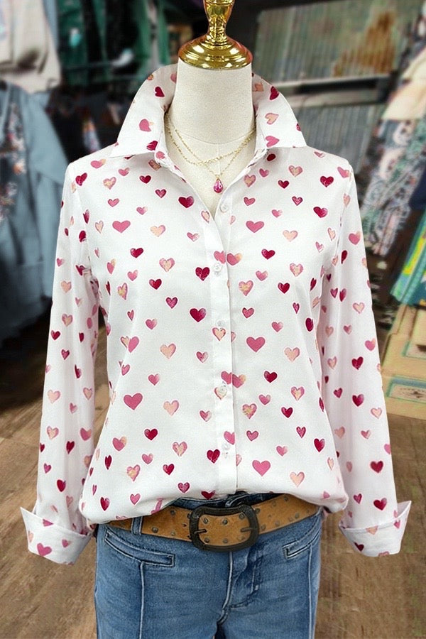 Sweet Heart Print Long Sleeve Blouse