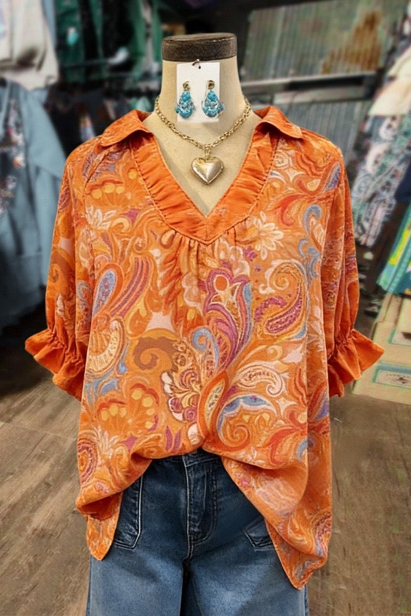 Paisley Floral Print V-Neck  Ruffle Sleeve Top
