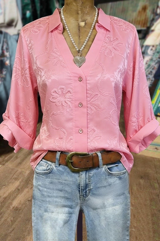 Chic Flower Embroidered Split Neck Three Quater Dolman Sleeves Blouse