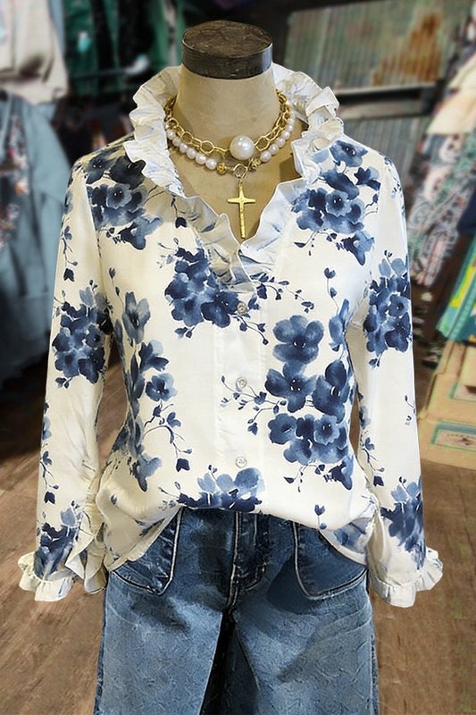 Vintage Floral Print Ruffle Neck Blouse