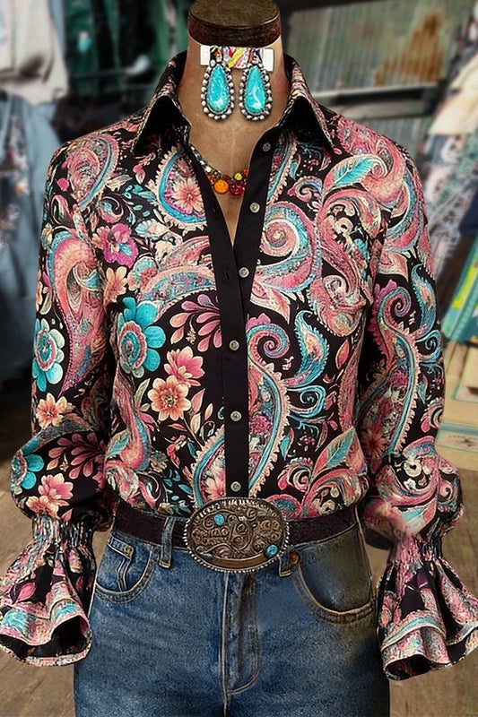 Paisley Floral Print Flared Cuffs Blouse