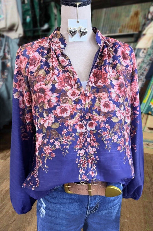 Chic Floral Print V-Neck Long Sleeve Blouse