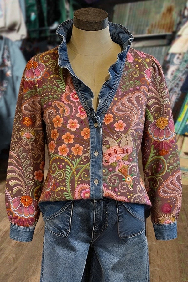 Vintage Floral Print Ruffle Neck Denim Patch Blouse