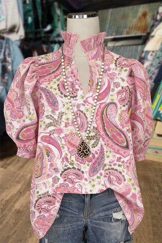 Vintage Paisley Print Ruffle V-Neck Puff Sleeve Top