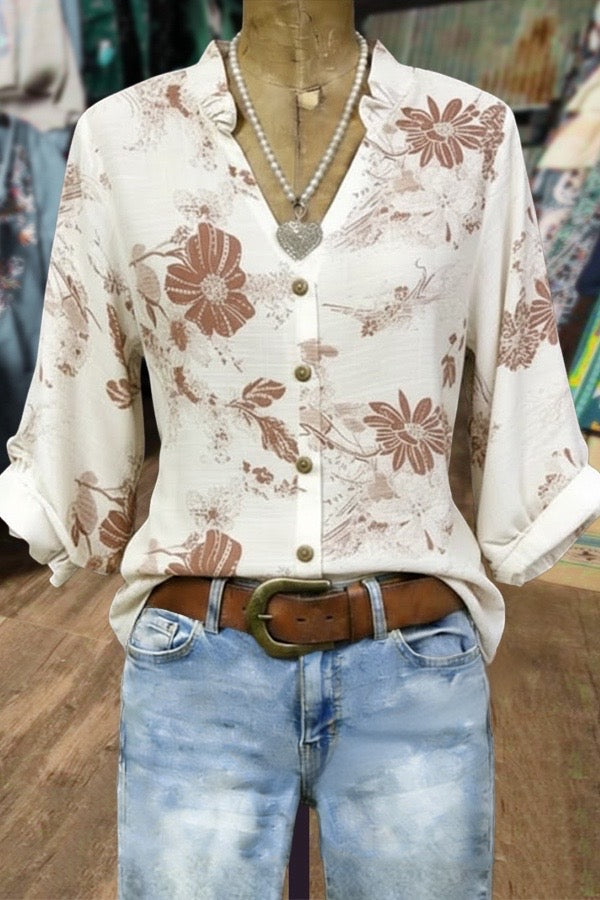 Vintage Floral Print Split Neck Three Quater Dolman Sleeves Blouse