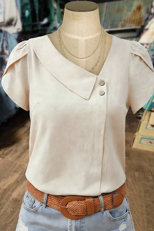 Solid Asymmetrical Neck Short Sleeve Top