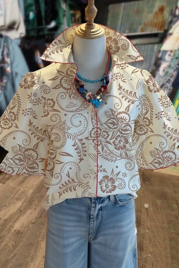 Vintage Floral Print Embroidered Trim Puff Sleeve Blouse