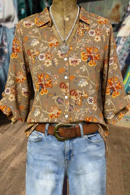 Vintage Floral Print Split Neck Three Quater Dolman Sleeves Blouse