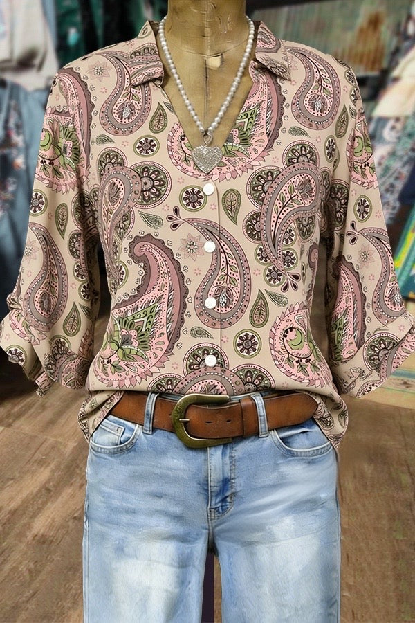 Retro Paisley Print Split Neck Three Quater Dolman Sleeves Blouse
