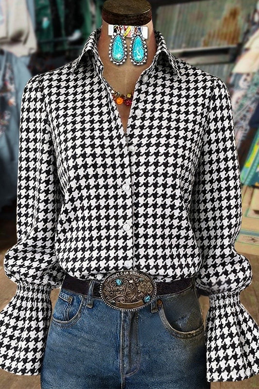 Elegant Houndstooth Print Flared Cuffs Blouse