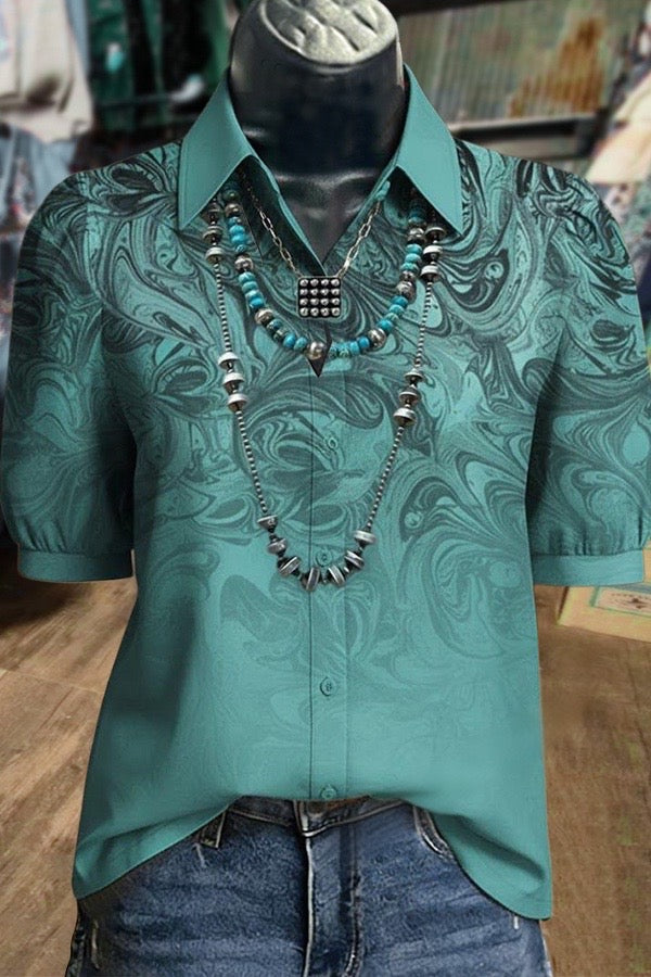 Chic Art Print Collared Puff Sleeve Button Up Top