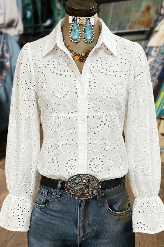 Solid Eyelet Cuff Long Sleeve Blouse