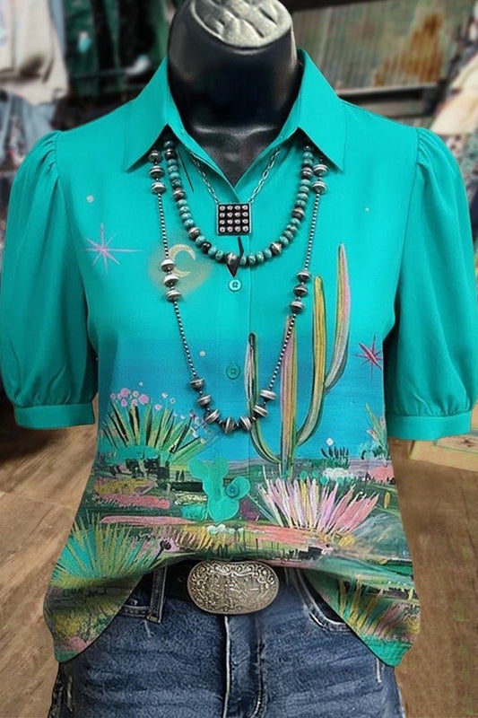 Vintage Floral Print Collared Puff Sleeve Button Up Top