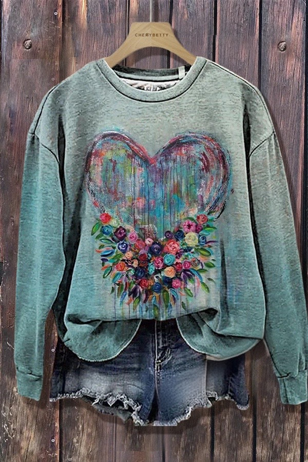 Art Heart Print Long Sleeve Sweatshirt