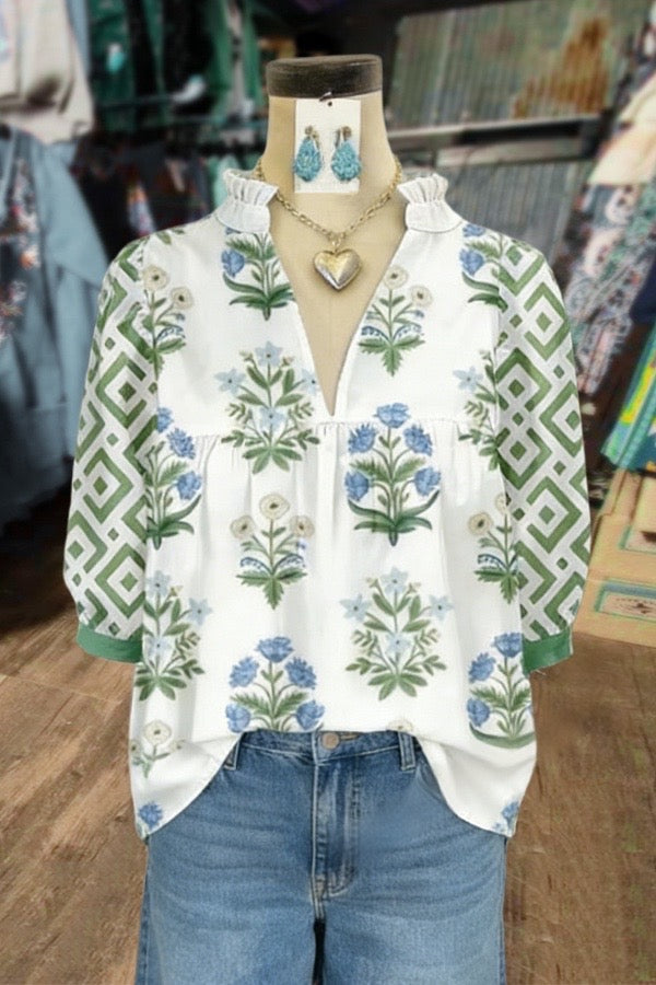 Mixed Floral Print Collared Blouse